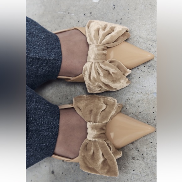 Zara Patent Pointed toe Flat Slingback Shoes Velvet Bow Tan 6.5 37 NWT - Picture 2 of 15
